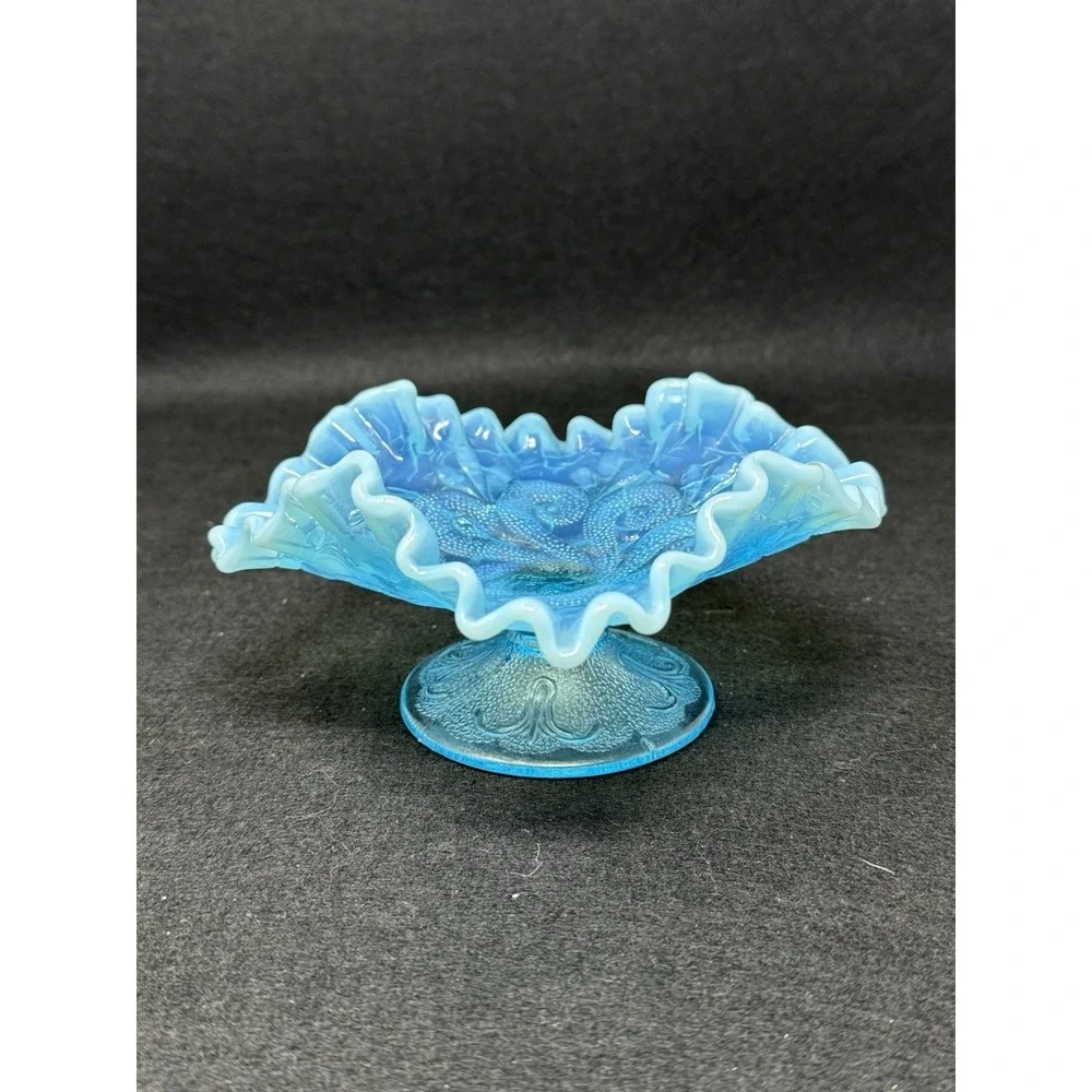Dugan Blue Opalescent Question Marks Pedestal Bowl Carnival Glass Vintage